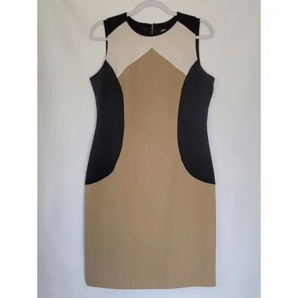 Classic DressBarn Colorblock Black Tan White Sheath Midi Dress Women's Size 8 - Picture 1 of 8